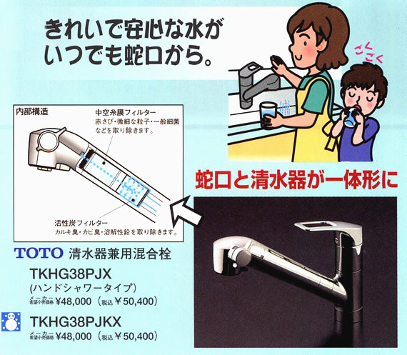きれいで安心な水がいつでも蛇口から。蛇口と清水器が一体形に。TOTO清水器兼用混合栓「TKHG38PJX（ハンドシャワータイプ）」「TKHG38PJKX」